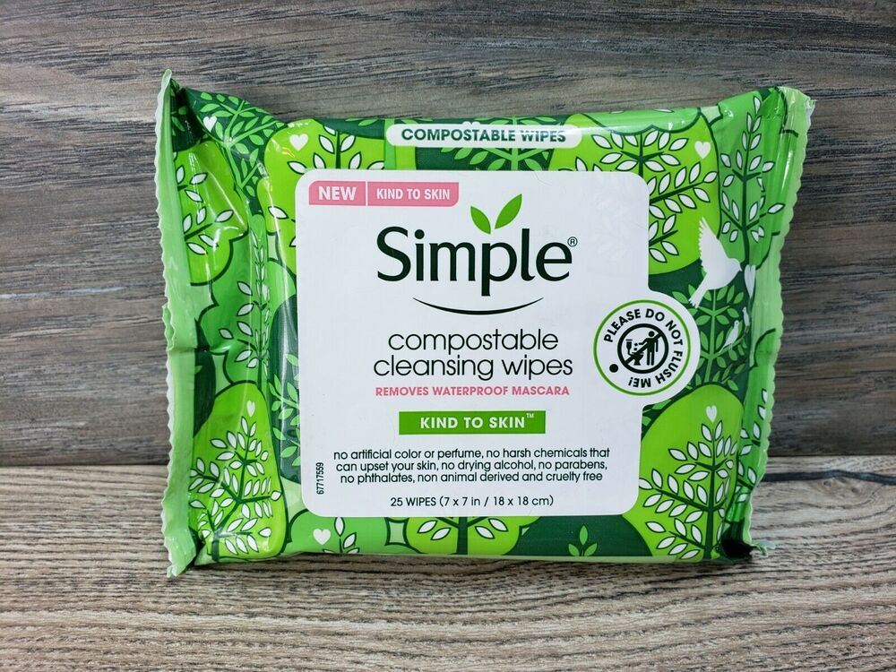 Simple Compostable Cleansing Wipes Kind To Skin Removes Waterproof Mascara 25Ct